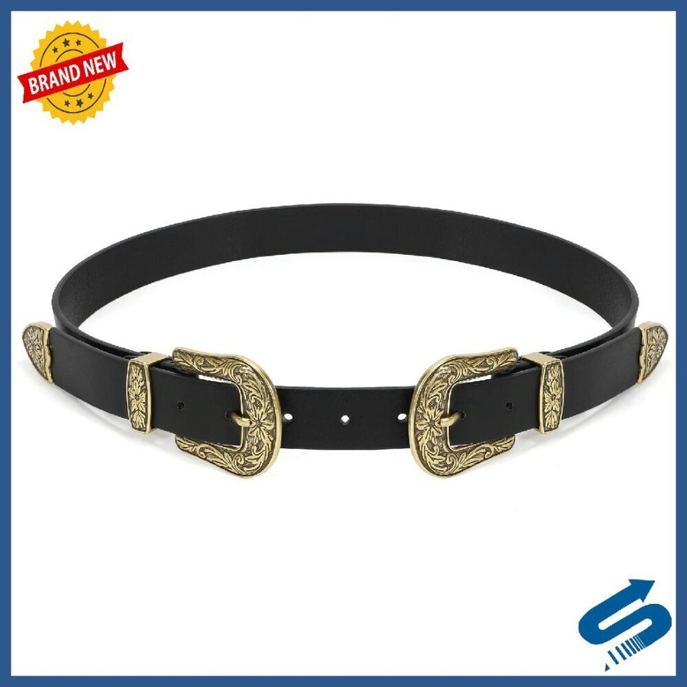 Vintage Western Leather Belt Double Buckle Adjustable Women's Accessory